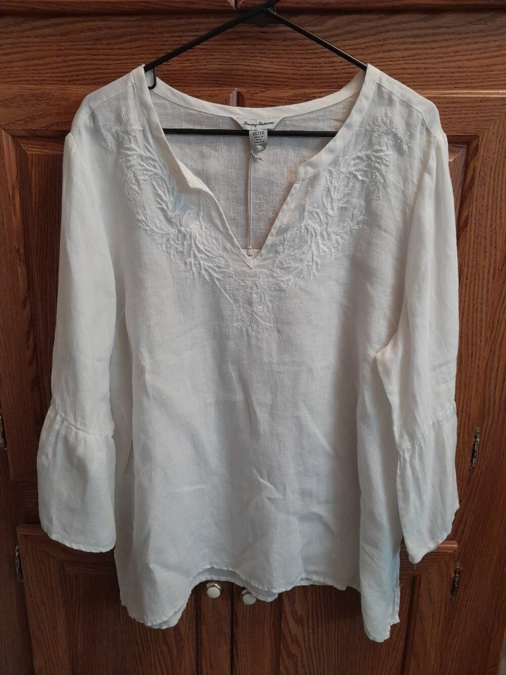 NWT Linen Tommy Bahama Women's Boho Tunic w/ Embroidery Bell Sleeves Size XL